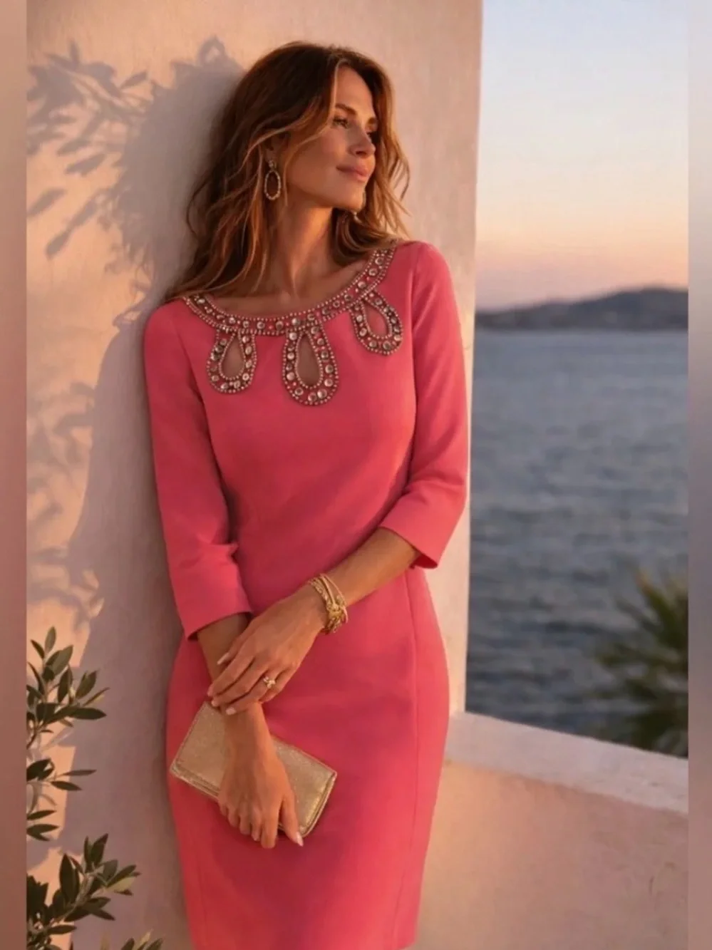 Lilly Pulitzer Bronte Shift Dress Scuba Beaded Jeweled Neckline Pink Azalea 10 - Picture 6 of 15